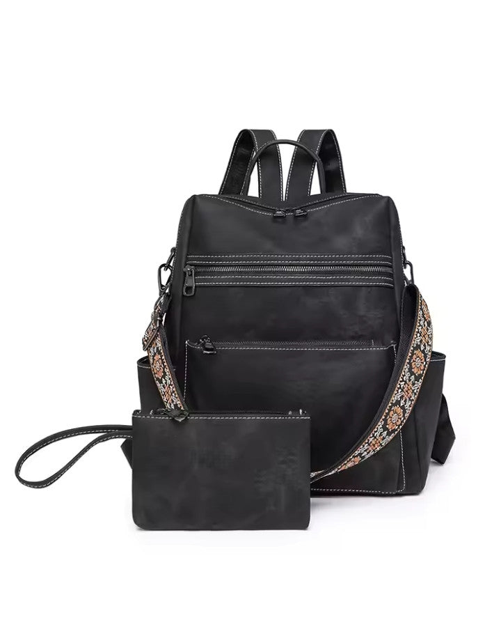 Sac à Dos Femme pour la Ville en Tissu, noir avec sa pochette assortie