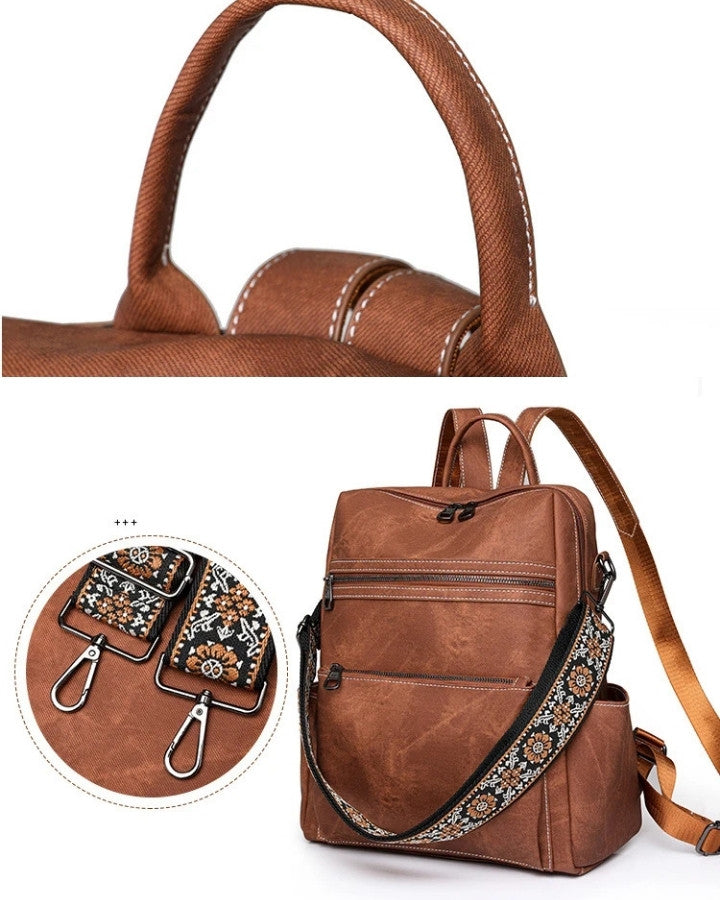 Sac à Dos Femme pour la Ville en Tissu, vue sur les détails : poignée, bandoulière à motifs