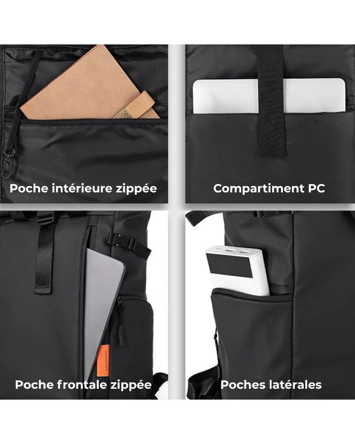 Sac à Dos Fermeture Enroulement, poche intérieure, compartiment ordinateur portable 15 pouces, poches latérales, poche frontale
