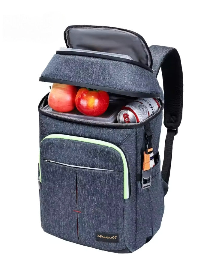 Sac à dos glacière isotherme ouvert avec compartiments remplis d’aliments et boissons.