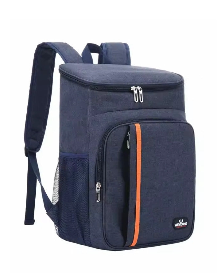 Sac à dos isotherme adulte bleu marine avec grande poche frontale zippée et design moderne pour pique-nique ou bureau.