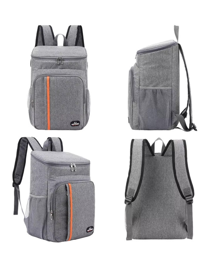 Vue à 360° du sac à dos isotherme adulte gris avec bretelles ergonomiques, poches latérales et fermeture zippée renforcée.