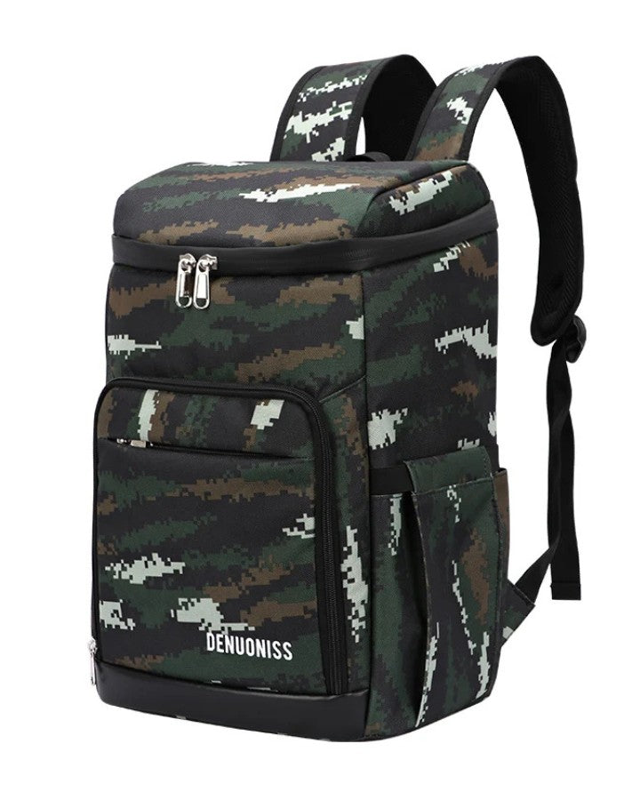 Version vert camouflage du sac à dos isotherme militaire avec motifs forestiers et poches latérales.
