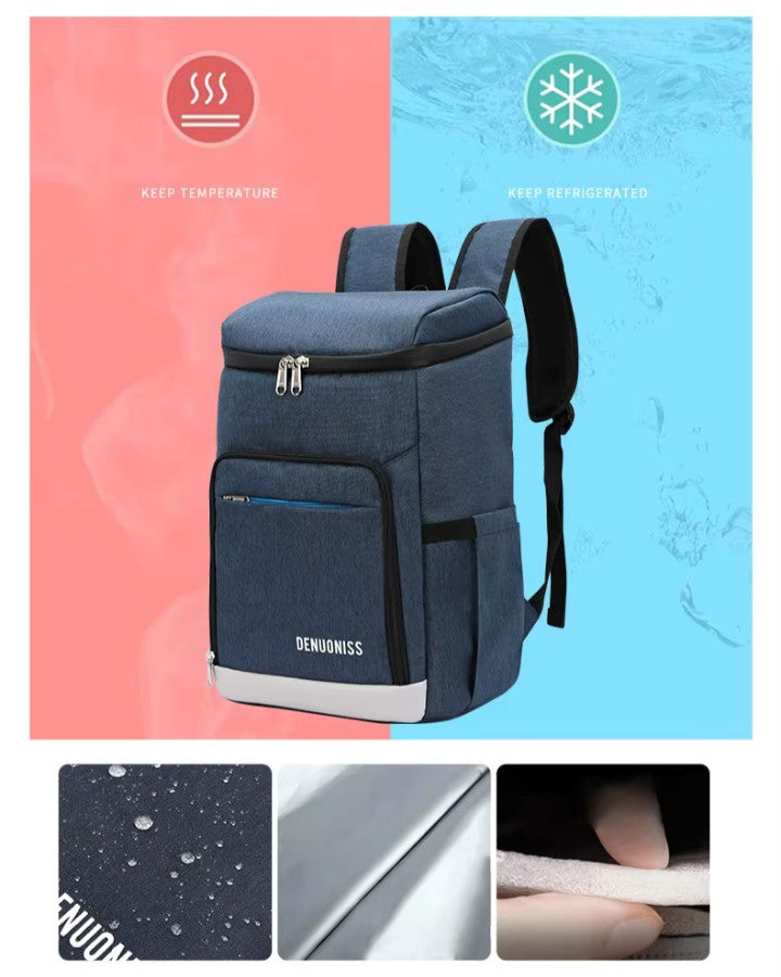 Sac à dos isotherme bleu illustrant la conservation du chaud et du froid, avec détails du tissu déperlant, de l’isolant en aluminium et de la mousse isolante.