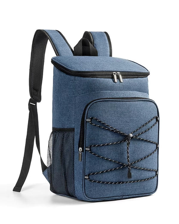 Sac à dos isotherme pique nique bleu avec cordon de maintien sur la poche frontale