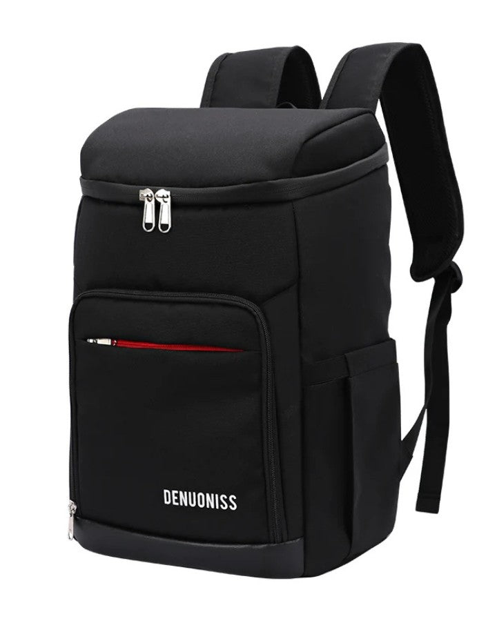 Version noire du sac à dos isotherme repas avec zip rouge sur la poche avant.