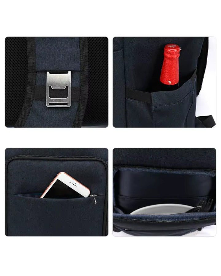 Mosaïque de détails : décapsuleur métallique intégré, poche latérale pour bouteille, poche frontale pour smartphone et compartiment pour assiettes.