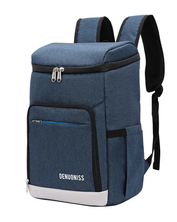 Sac à dos isotherme repas bleu de face avec logo DENUONISS et poche frontale zippée.