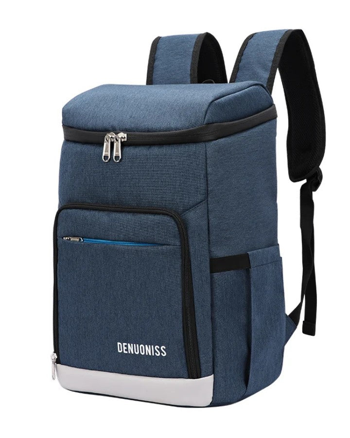 Sac à dos isotherme repas bleu de face avec logo DENUONISS et poche frontale zippée.