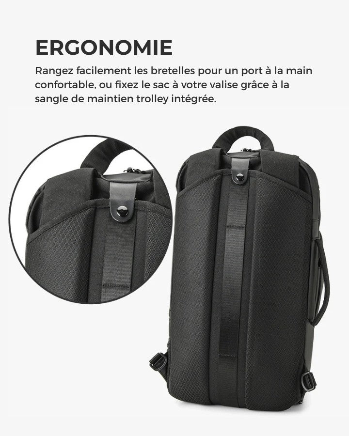 Sac à Dos Multi Usage, ergonomie, Rangez facilement les bretelles pour un port à la main confortable, ou fixez le sac à votre valise grâce à la sangle de maintien trolley intégrée.