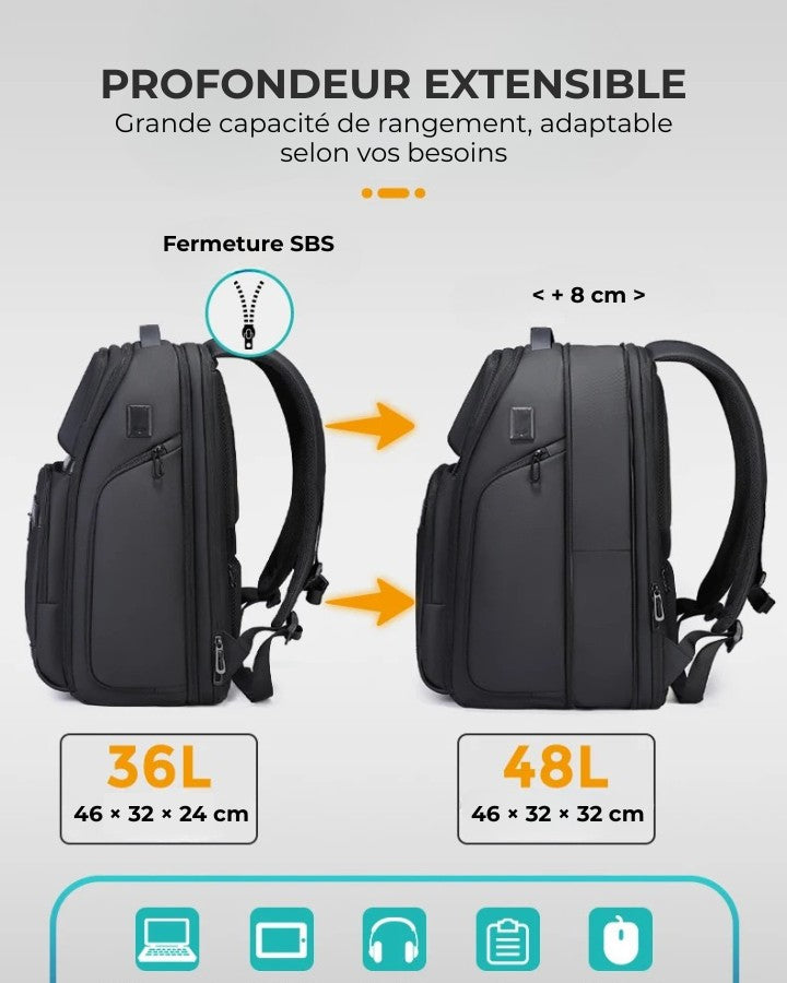 Sac à Dos Ordinateur 17.3 Pouces pour Travail, Voyage et Sport, Profondeur extensible de 8 cm : 46 × 32 × 24 cm à 46 × 32 × 32 cm (36 litres à 48 litres), Grande capacité de rangement, adaptable selon vos besoins, fermeture SBS.
