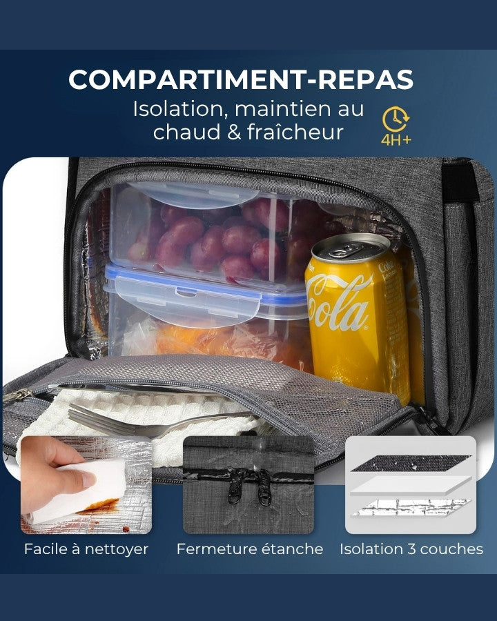 Sac à Dos Ordinateur avec Compartiment Isotherme, pour repas, isolation, maintien au chaud et fraîcheur pendant 4 heures, facile à nettoyer, fermeture étanche, isolation 3 couches.