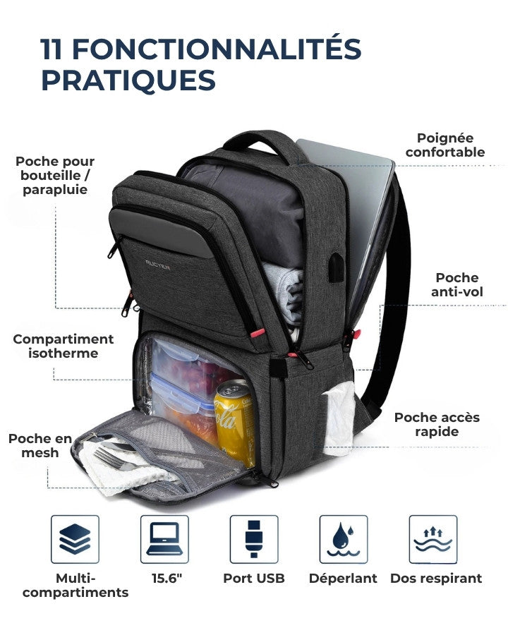 Sac à Dos Ordinateur avec Compartiment Isotherme, avec 11 fonctionnalités pratiques, multiples poches et compartiments.