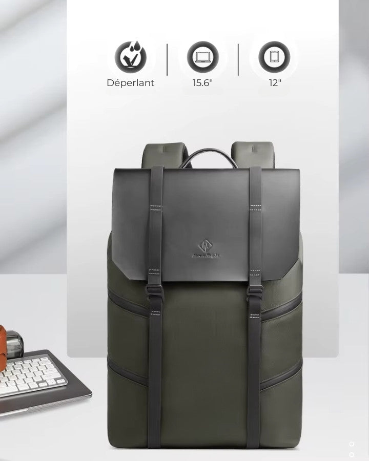 Sac à dos ordinateur design avec icônes indiquant qu’il est déperlant et compatible laptop 15,6 pouces et tablette 12 pouces.