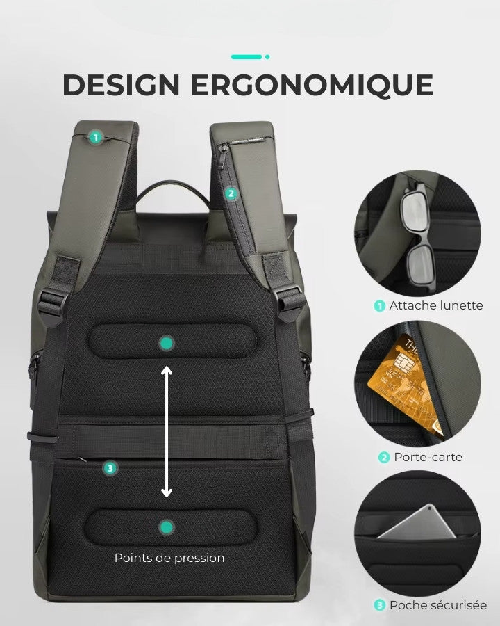 Vue dorsale du sac montrant le dos ergonomique avec attache lunettes, poche zippée et porte‑carte.