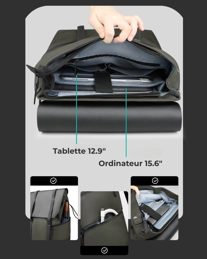 Intérieur du sac à dos design montrant les compartiments pour tablette 12,9 pouces et ordinateur 15,6 pouces avec accessoires.