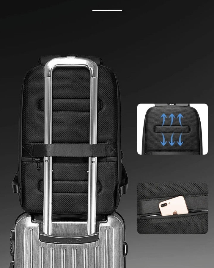 Sac à Dos Ordinateur Portable Antivol, avec bande de fixation valise trolley et poche secrète zippée au dos du sac. Dos 3D respirant