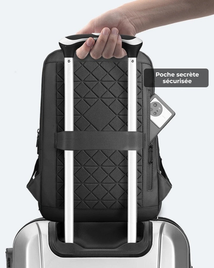 Sac à Dos Ordinateur Portable Déperlant, avec poche secrète sécurisée, bande de fixation pour valise trolley et dos 3D respirant