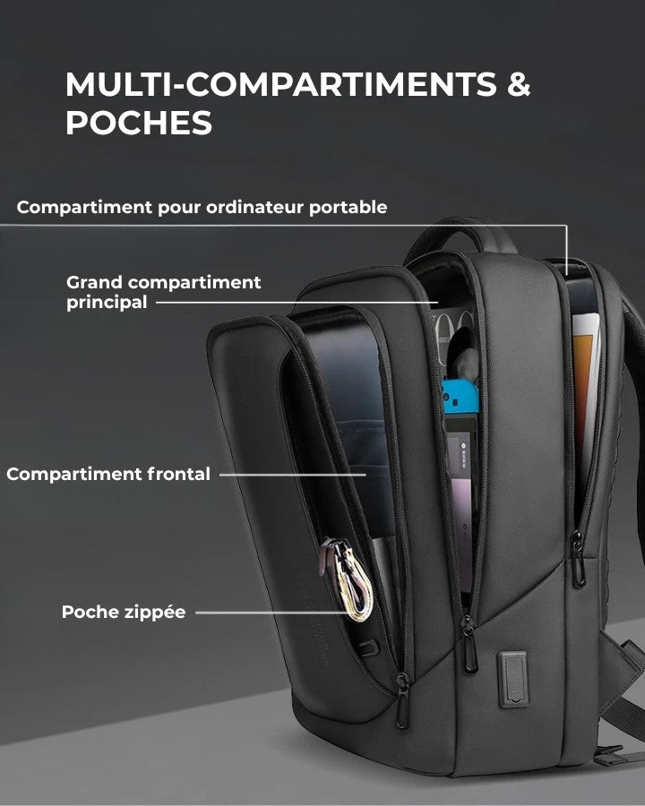 Sac à Dos Ordinateur Portable Déperlant, avec multicompartiments et poches pratiques