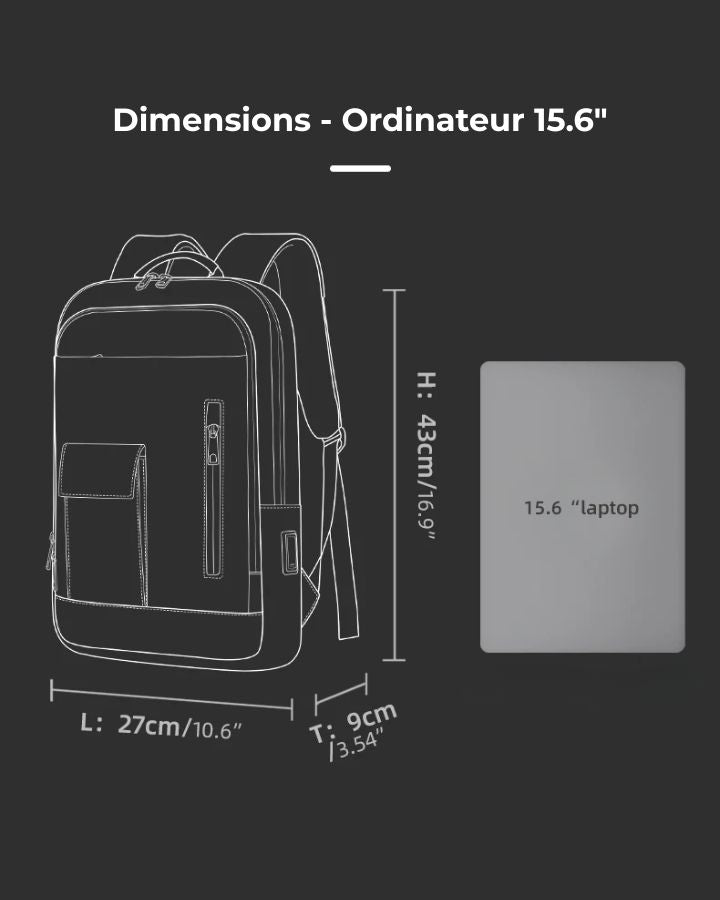 Sac à Dos Ordinateur Portable Imperméable, dimensions : 43 x 27 x 9 cm