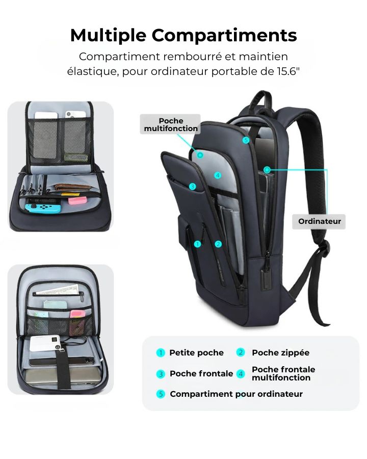 Sac à Dos Ordinateur Portable Imperméable, multiple compartiments