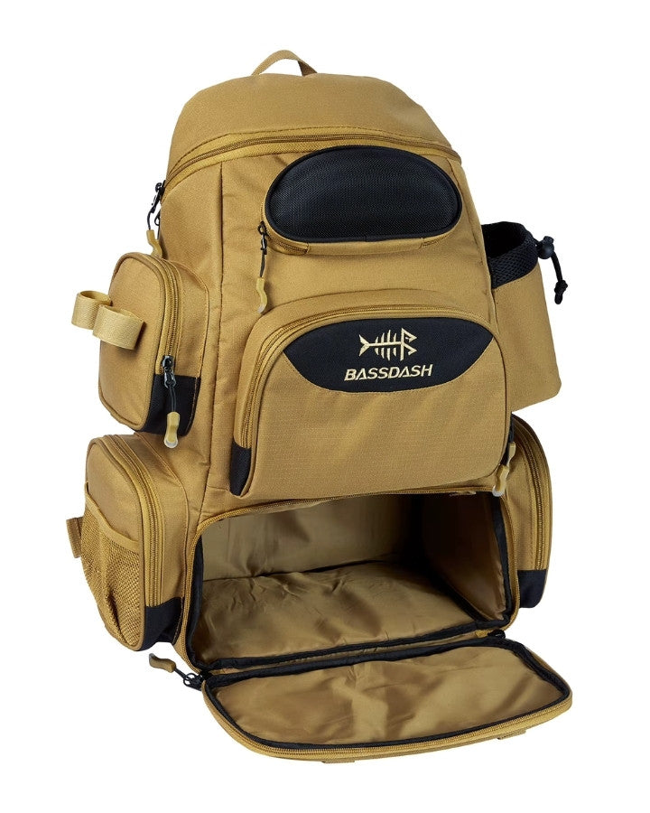 Sac à dos plein air couleur sable avec grand compartiment ouvert pour la randonnée et la pêche