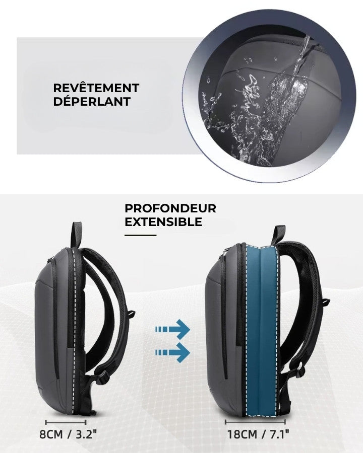 Sac à Dos pour PC Portable 15.6", revêtement déperlant, profondeur extensible de 8 à 18 cm