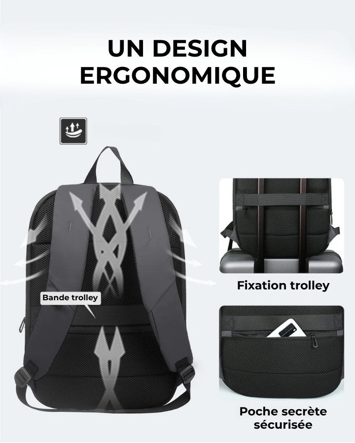 Sac à Dos pour PC Portable 15.6", design ergonomique avec bande fixation trolley, poche secrète au dos