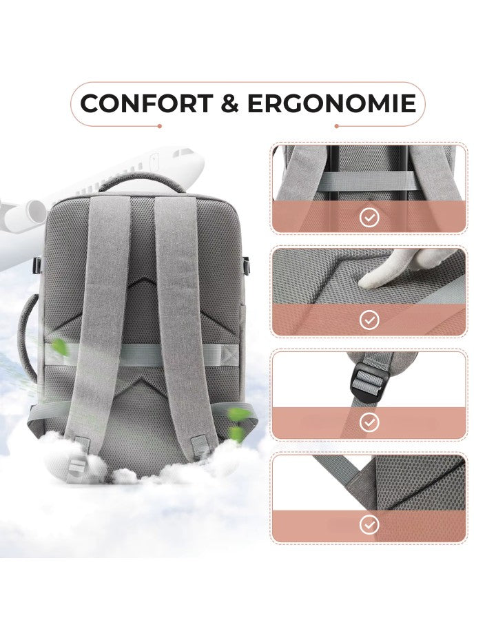 Dos rembourré et bretelles ergonomiques d’un sac à dos pratique pour voyager.