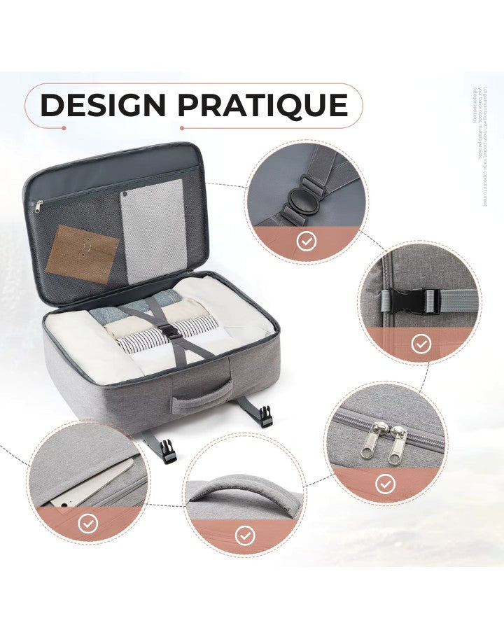 Intérieur spacieux type valise d’un sac à dos pratique pour voyager.
