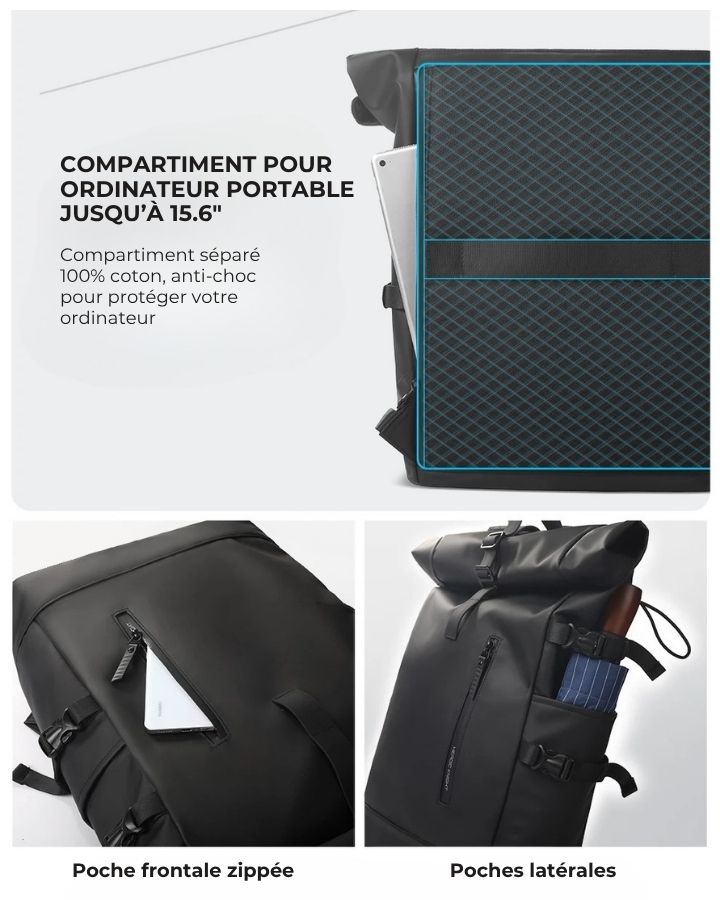 Sac à Dos Rabat Enroulable, compartiment séparé pour ordinateur portable 15.6 pouces, poche frontale zippée et poches latérales