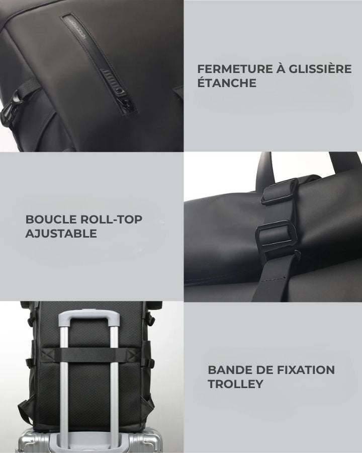 Sac à Dos Rabat Enroulable, fermetures étanches, boucles roll-top ajustables, bande trolley