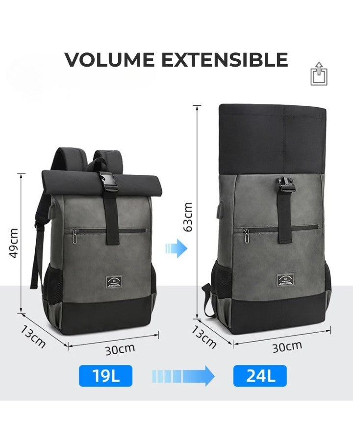 Sac à Dos Roll Top en Cuir, volume extensible de 19 à 24 litres, dimensions : 49 x 30 x 13 cm à 63 x 30 x 13 cm