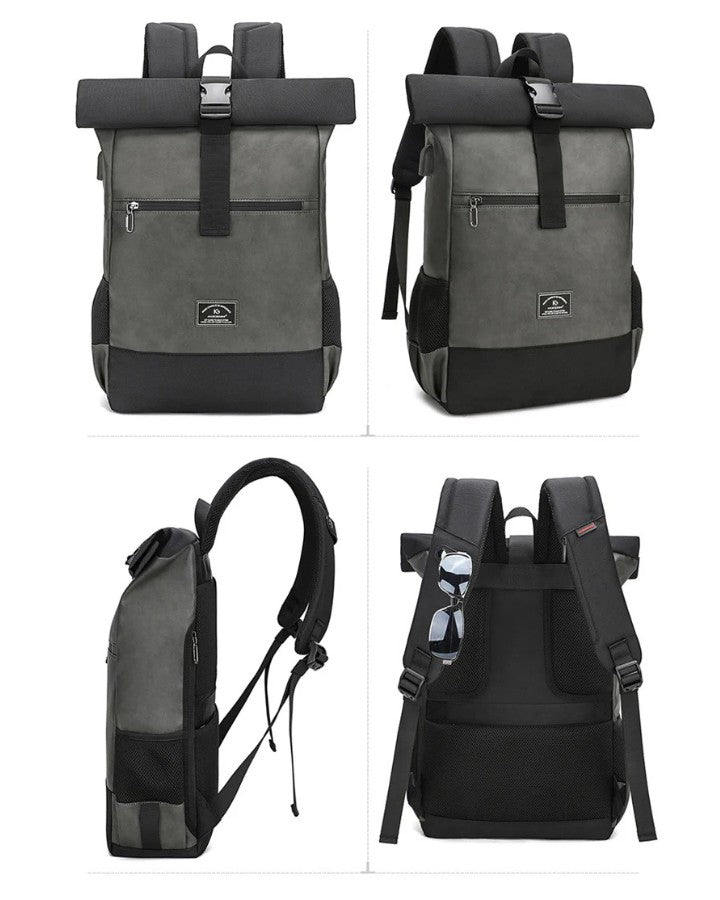 Sac à Dos Roll Top en Cuir, vue à 360°