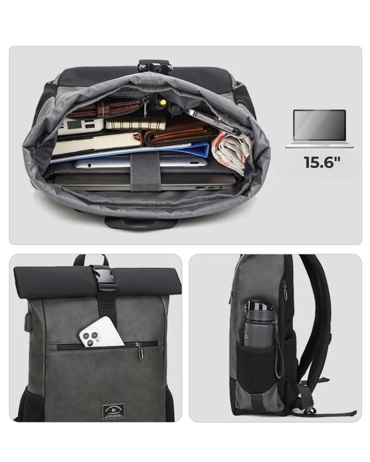 Sac à Dos Roll Top en Cuir, avec compartiment ordinateur portable 15.6", poche zippée d'accès rapide et poches latérales pour bouteille/parapluie