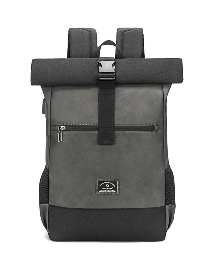 Sac à Dos Roll Top en Cuir, coloris gris foncé