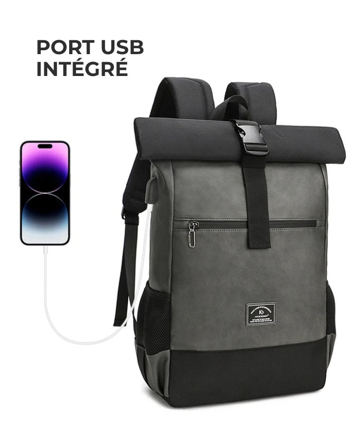 Sac à Dos Roll Top en Cuir, avec port USB intégré