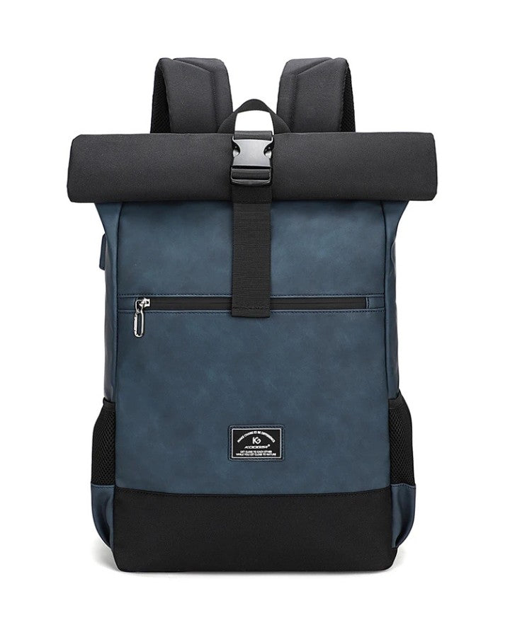 Sac à Dos Roll Top en Cuir, coloris bleu