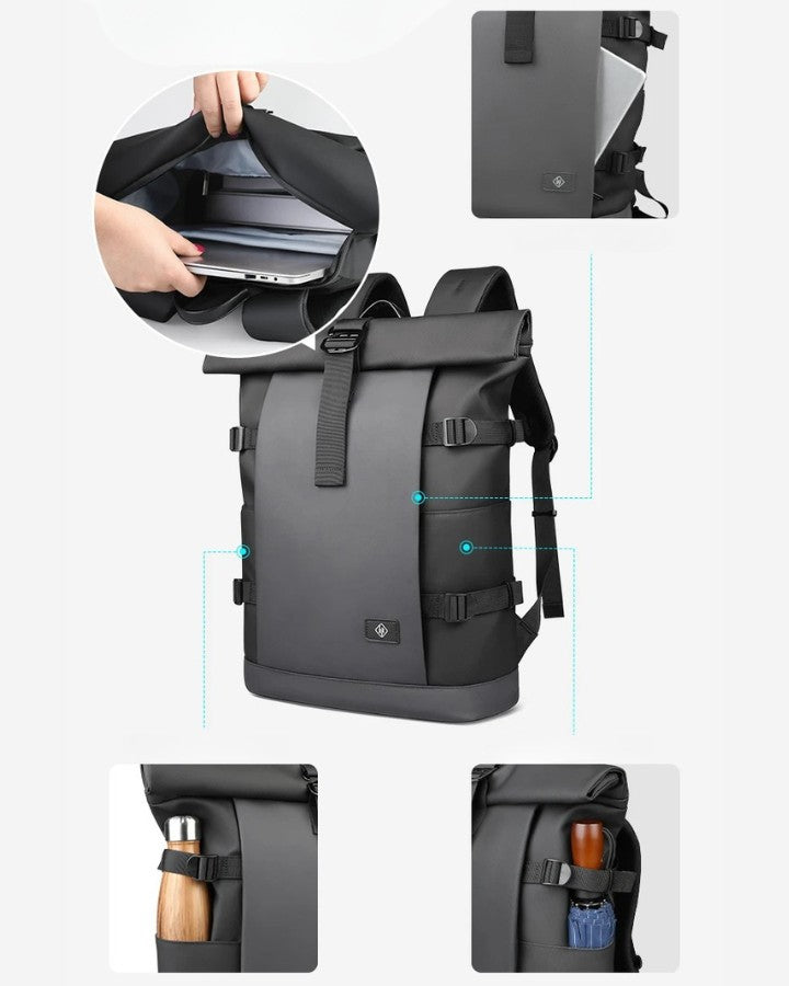Sac à Dos Roll Top Homme, poches latérales pour bouteille, gourde ou parapluie