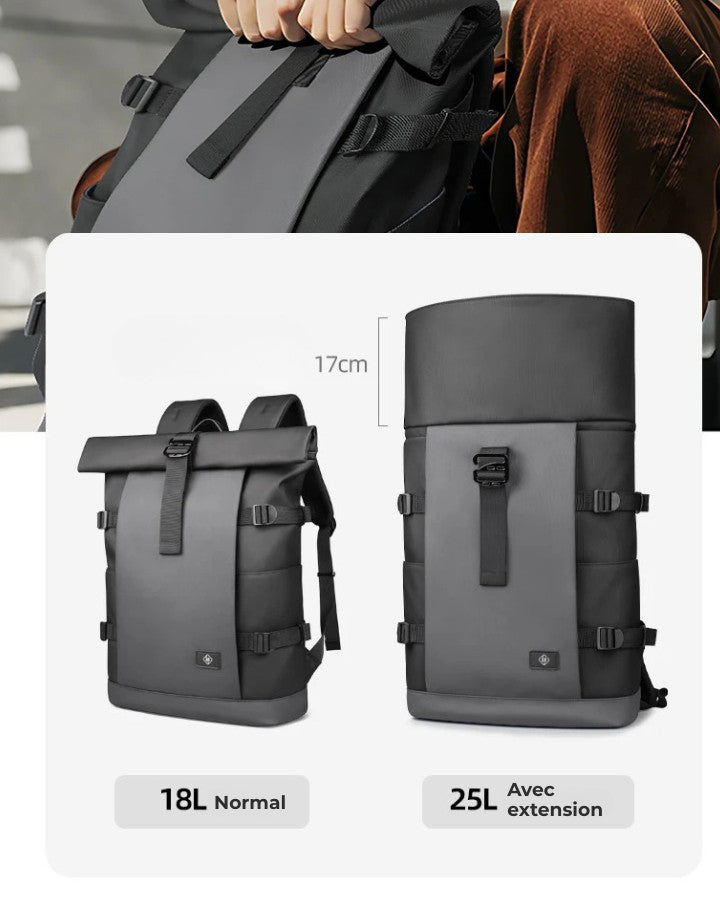 Sac à Dos Roll Top Homme, extensible en hauteur de 17 cm, passant de 18 à 25 litres