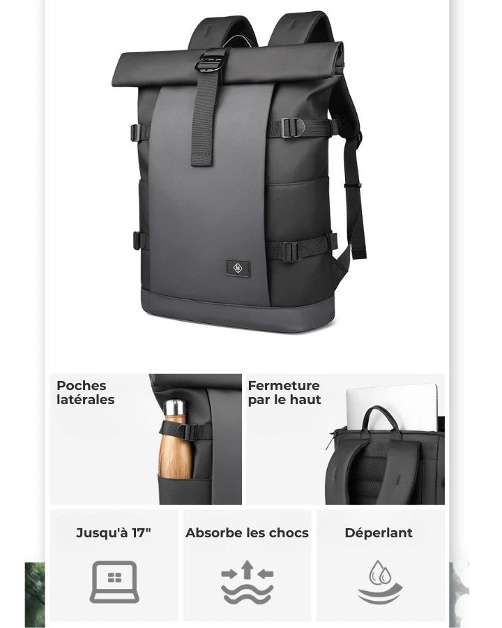 Sac à Dos Roll Top Homme, déperlant, absorbe les chocs et compartiemnt pc