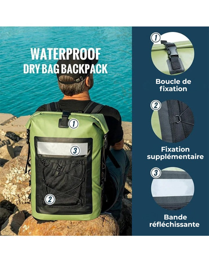 Sac à Dos Roll Top Imperméable, avec boucle de fixation, fixation élastique, bande réfléchissante
