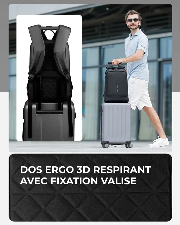 Visuel montrant le dos 3D respirant du sac et sa fixation valise, avec un homme tirant une valise.