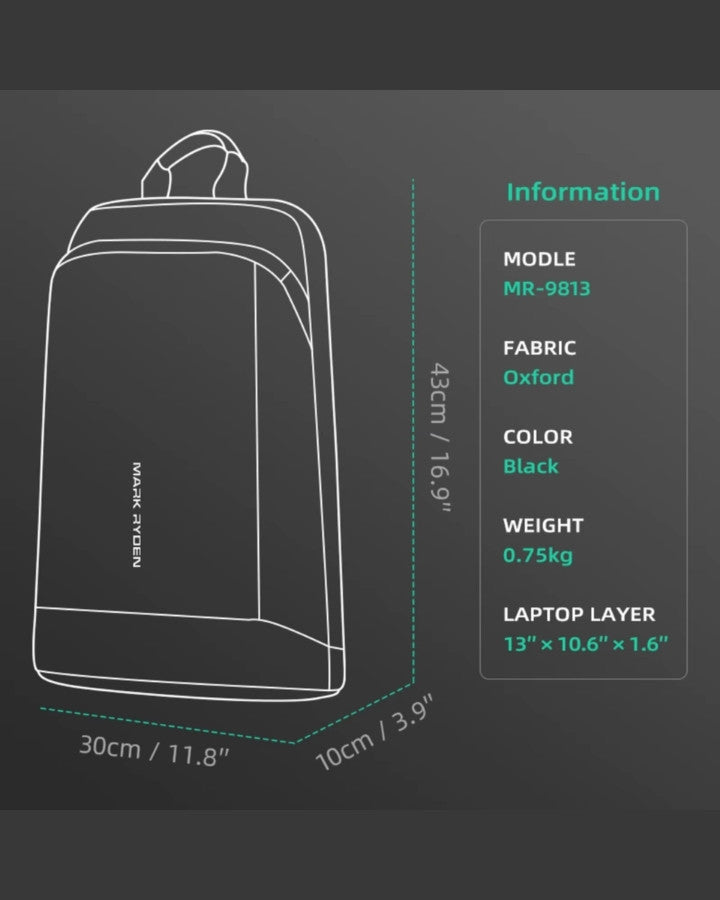 Infographie présentant les dimensions du sac (43×30×10 cm), le poids 0,75 kg et sa matière Oxford.