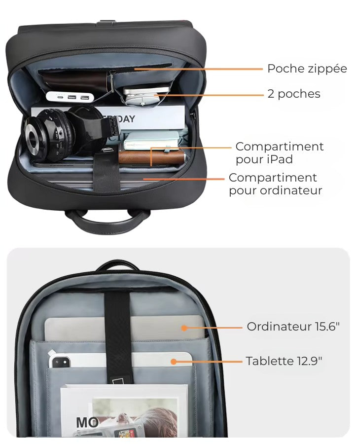 Intérieur du Sac à Dos Urbain Homme HK avec compartiment PC et tablette