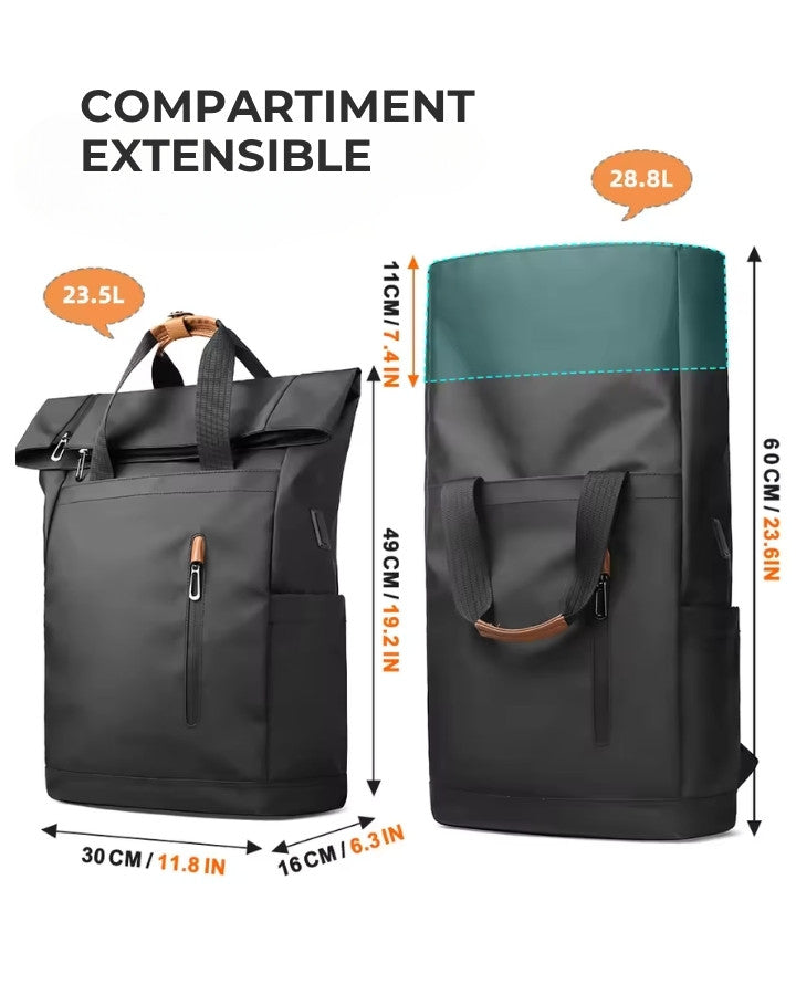 Sac à Dos Urbain Ordinateur Déperlant, extensible de 11 cm, passant d'une capacité de 23.5 litres à 28.8 litres, dimensions : 49 × 30 × 16 cm