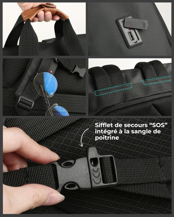 Sac à Dos Urbain Ordinateur Déperlant, vue sur les détails du sac à dos, port USB, sifflet SOS, poignée renforcée, sangles de sac à dos avec coutures renforcées