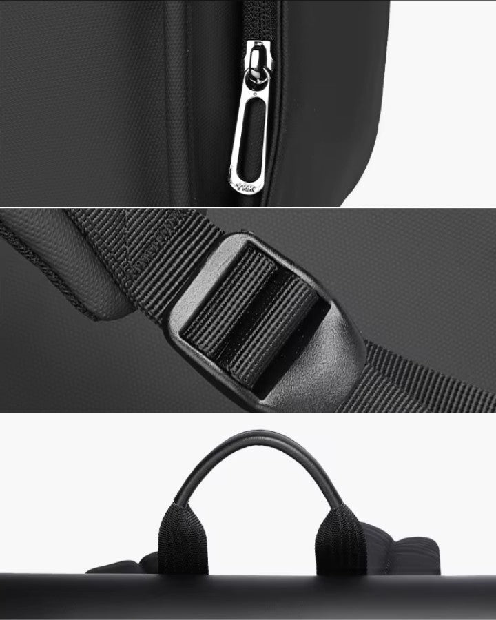 Détails du sac à dos ville ordinateur : fermetures zippées robustes, sangle réglable et poignée renforcée