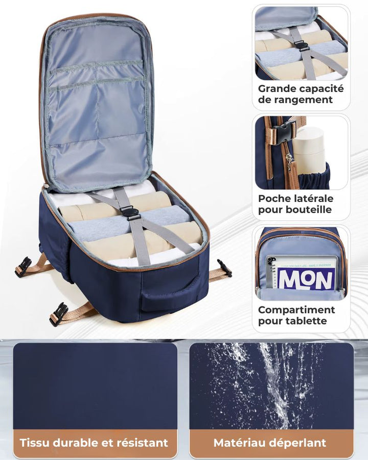 Sac à dos de voyage 40x30x20 cm, grande capacité de rangement, poche latérale pour bouteille, compartiment pour tablette, tissu résistant et déperlant