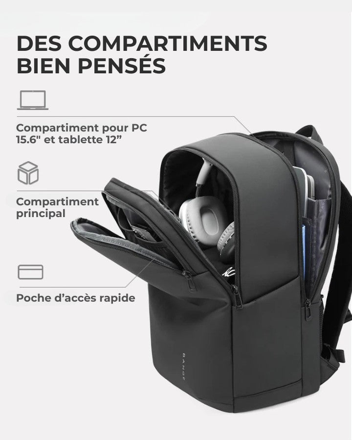 Sac à Dos de Voyage Cabine pour Ordinateur, avec compartiments bien pensés : pc 15.6", tablette 12", grand compartiment principal, poche d'accès rapide.